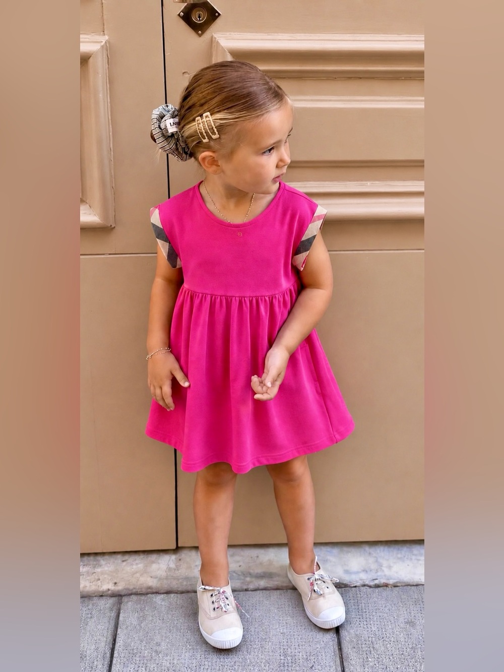 Burberry Baby Iconic Nova Check Ruffle Trim Button Up Pink Dress